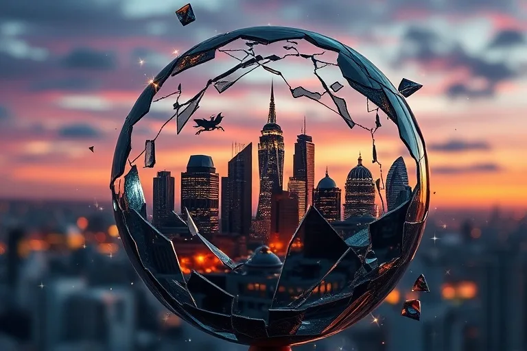 Shattered glass sphere reflecting a city, symbolizing broken illusions and new beginnings, connected by glowing threads of energy.