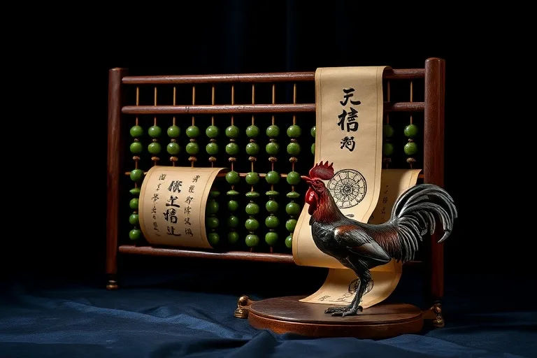 Still life of an antique Chinese abacus with zodiac scrolls and a rooster figurine