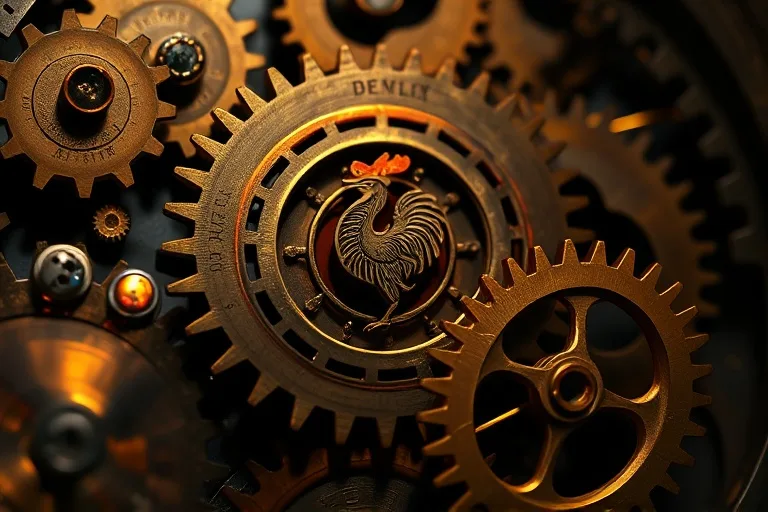 Conceptual art of clockwork gears with elemental symbols and feather patterns