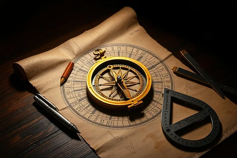 Cinematic Still Life of a vintage, meticulously crafted compass on an open ancient scroll, surrounded by perfectly aligned drafting tools on a dark wooden desk, under dramatic lighting.