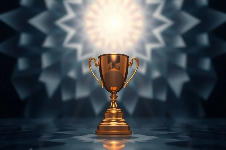 Conceptual Art of a single, gleaming golden trophy standing tall amidst a field of blurred, abstract, geometric shapes, illuminated by an ethereal glow from above, symbolizing prominence and leadership.