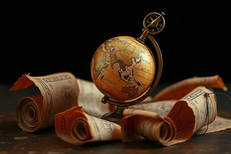 Antique brass compass pointing to a miniature globe with old scrolls.