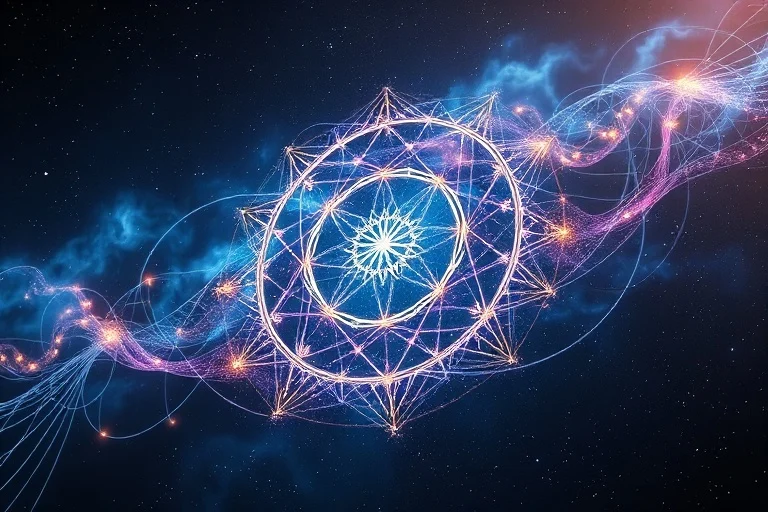 Intertwined threads of light forming complex patterns against a cosmic background.