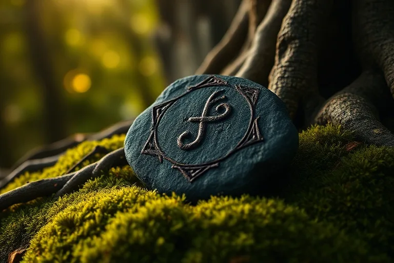 Close-up of a single, intricately carved Fehu rune stone resting on moss and ancient roots, with ethereal light, symbolizing primal wealth and connection to nature.