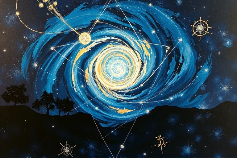 Abstract oil painting depicting swirling cosmic energies and interconnected lines, subtly integrating runic symbols, representing universal flow and self-discovery.