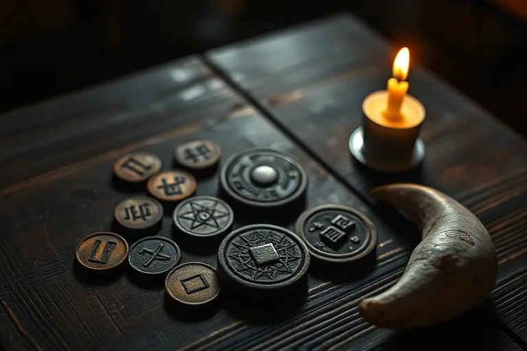 Cinematic still life of intricately carved wooden runes, I Ching coins, and a polished bone on a rustic table, lit by candlelight.