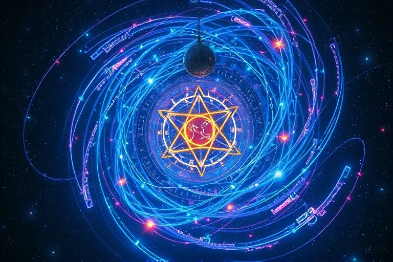 Conceptual art depicting a swirling vortex of cosmic energy forming symbolic shapes like runes, hexagrams, and skeletal structures against a starry night sky.