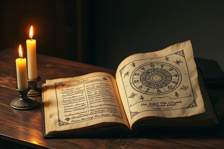 Vintage engraving of an ancient astrological manuscript, open on a wooden desk, with hand-drawn zodiac wheels and cryptic symbols, illuminated by a candle.