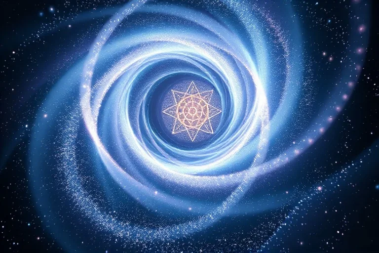 Abstract 3D render of a swirling vortex of ethereal light and cosmic dust, with translucent, geometric shapes and subtle symbolic glyphs floating within, suggesting deep introspection.
