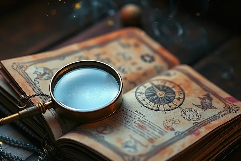 An antique magnifying glass on an open book, reflecting starlight, symbolizing deep astrological study.