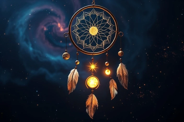 A dream catcher with glowing planetary symbols, representing spiritual insight and intuitive guidance.