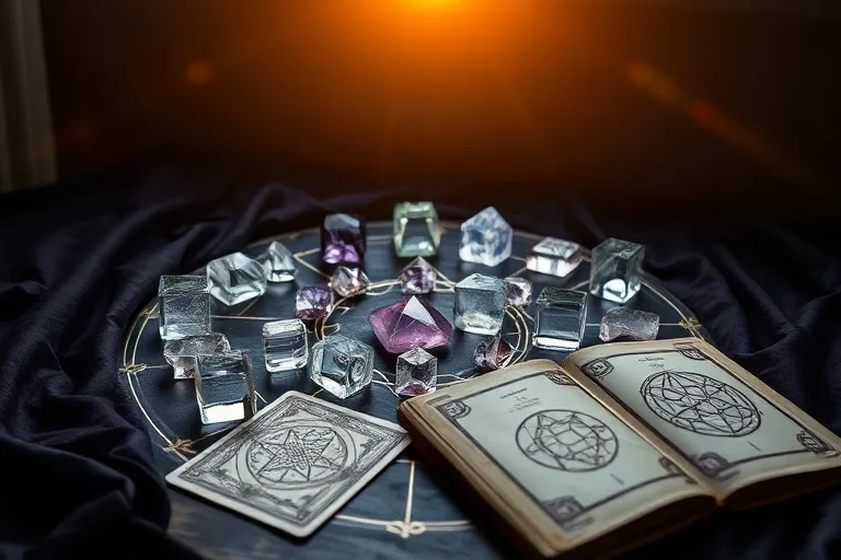A crystal grid with geometric crystals, tarot cards, and an open book on esoteric geometry, illuminated by soft light.