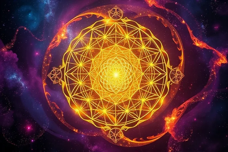 Abstract conceptual art of a Golden Ratio spiral intertwining with cosmic nebulae, symbolizing universal order.