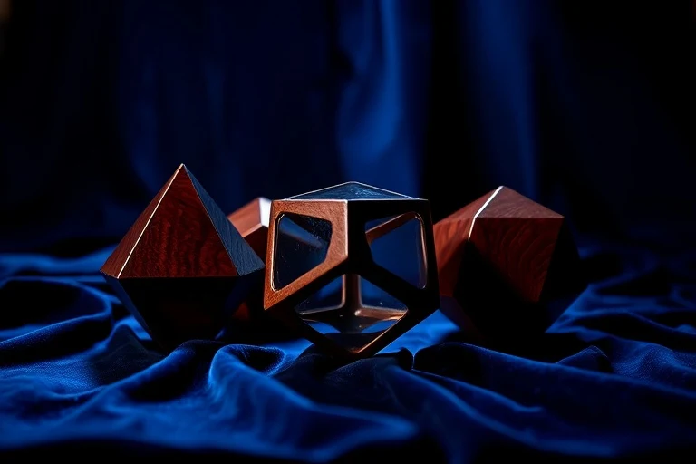 Cinematic still life photography of a pristine, polished wooden model of the five Platonic Solids arranged harmoniously on a velvet cloth.