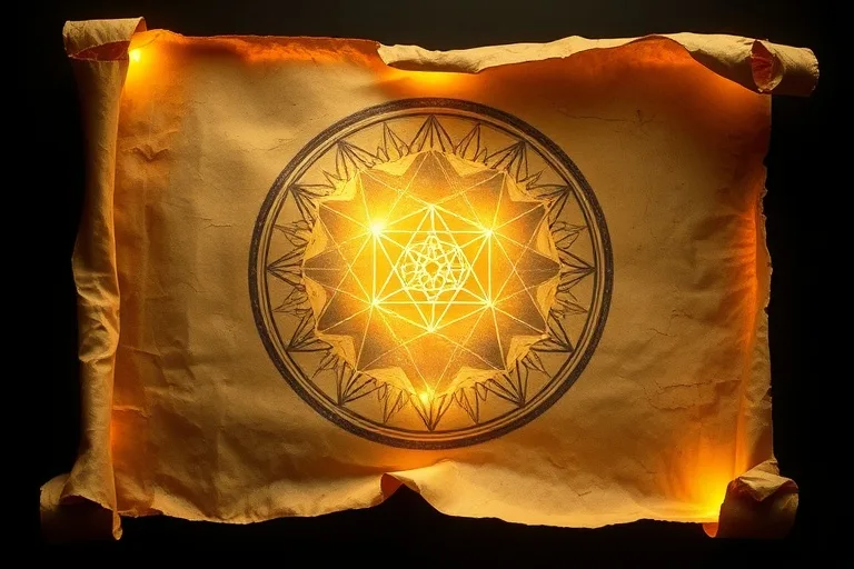 Conceptual art of an ancient scroll unrolling to reveal intricate geometric patterns and a faint, glowing representation of the Flower of Life, with a translucent Metatron's Cube overlay.