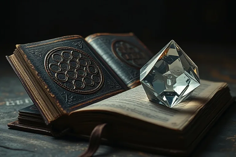 An antique, leather-bound book with a debossed Flower of Life symbol and a crystal tetrahedron, symbolizing ancient wisdom and geometric principles.