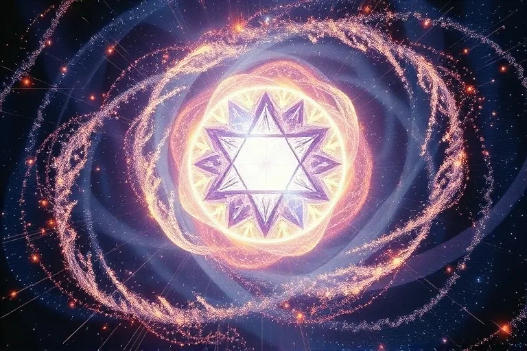 A conceptual digital painting of a swirling vortex of light forming abstract geometric patterns, symbolizing cosmic blueprints and universal order.