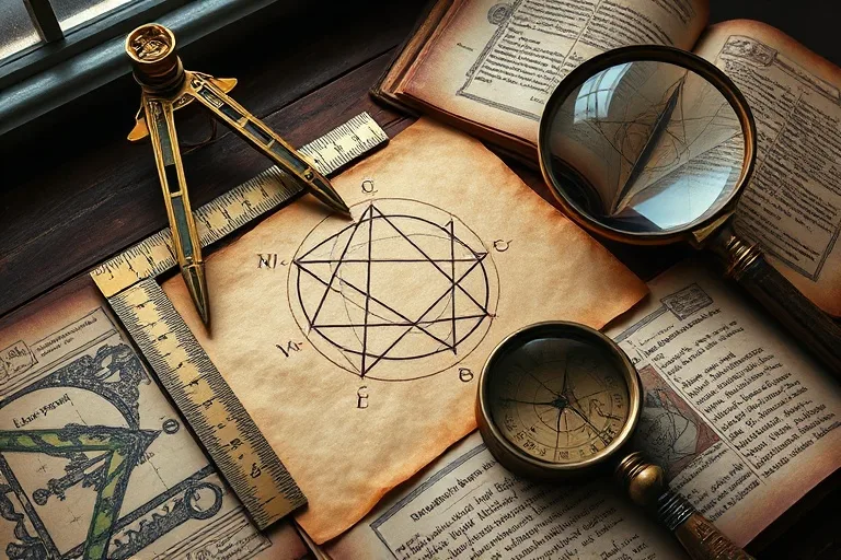 Vintage scientific illustration of a compass and a ruler meticulously drawing a Vesica Piscis on aged parchment, surrounded by ancient texts and a magnifying glass, soft natural light.