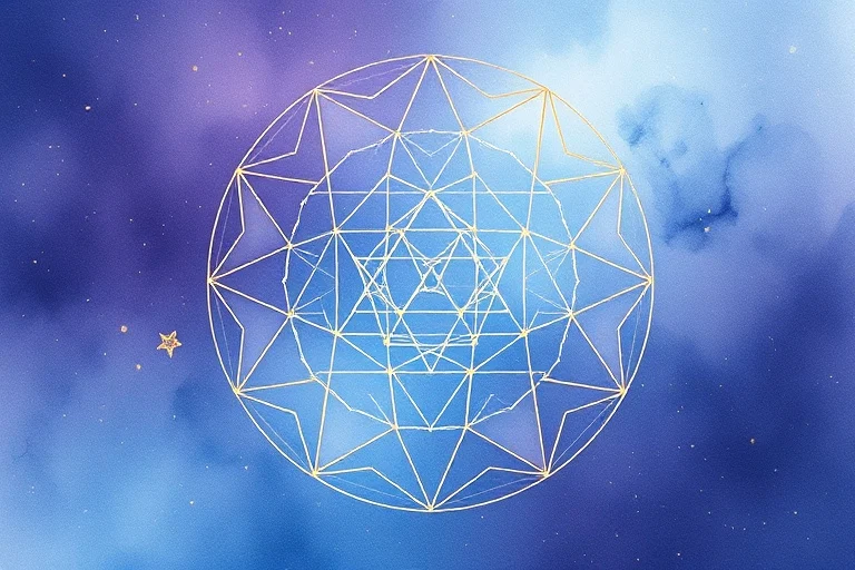Abstract watercolor painting of interconnected geometric forms (Platonic solids) floating in a serene, gradient background of blues and purples, symbolizing cosmic harmony and underlying order, fluid, peaceful.