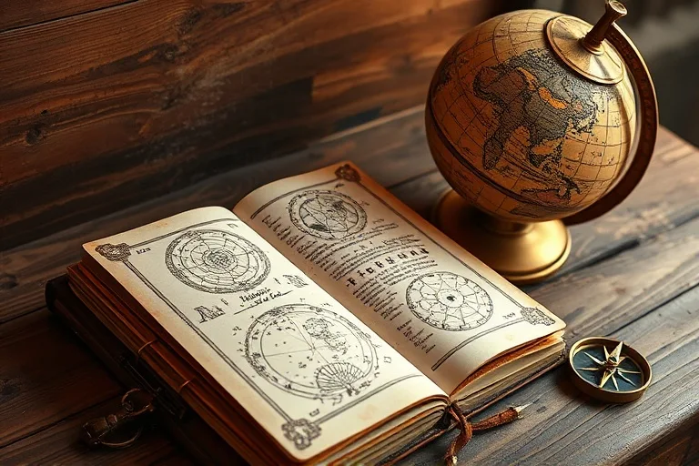 Antique leather-bound journal with sketches of constellations, a compass, and a vintage globe on a wooden desk, symbolizing intellectual exploration.
