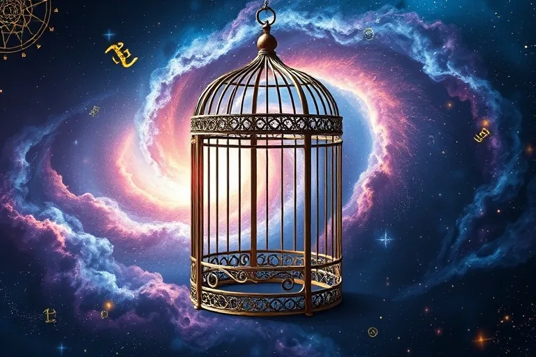 Conceptual digital illustration of an open birdcage surrounded by glowing philosophical symbols and cosmic nebulae, representing liberation and expansive thought.