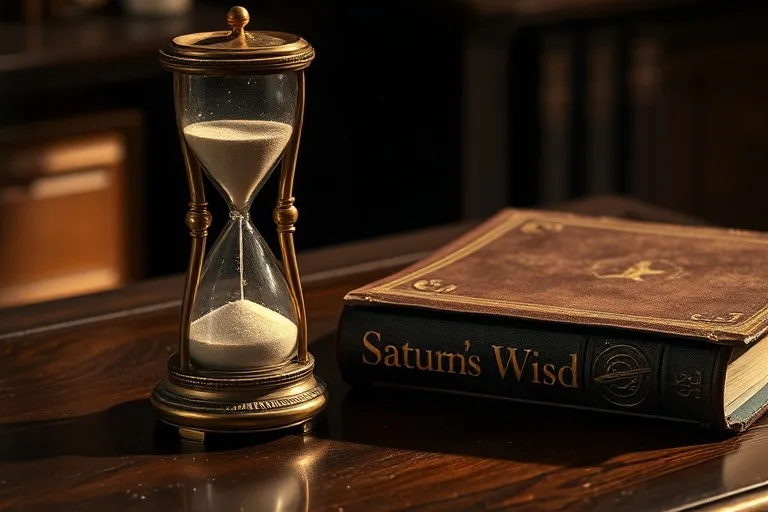 Cinematic still life of an ancient hourglass with sand falling, next to a leather-bound book titled 'Cosmic Laws' and a quill. Dim golden light, rich textures, deep shadows.