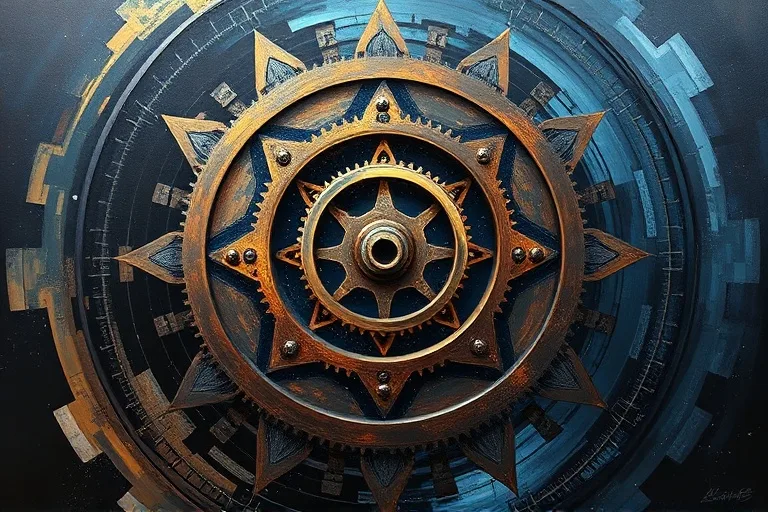 Abstract oil painting of interlocking gears and cogs in metallic tones, against a swirling indigo and charcoal background, symbolizing precision, order, and intricate destiny.