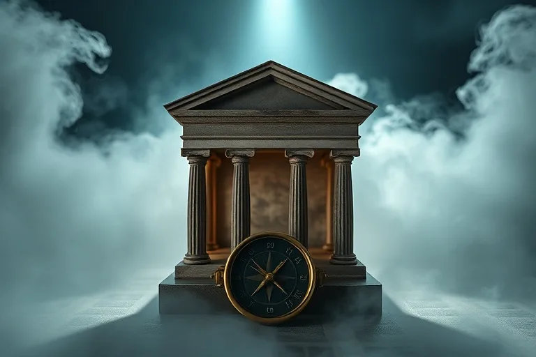 Miniature classical Roman temple with an antique compass, shrouded in mist and dramatic light.