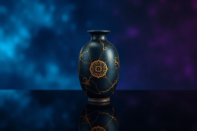 Broken ceramic vase reassembled with gold Kintsugi lines, on a dark reflective surface, with blurred blue and purple background.
