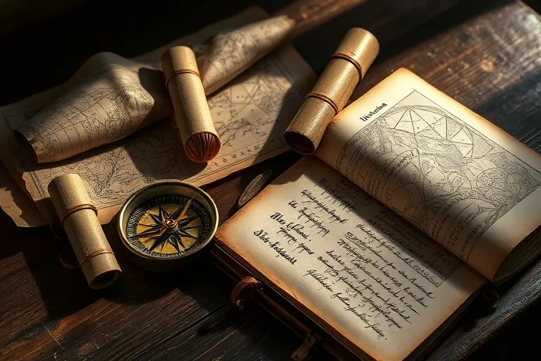 Cinematic still life of an antique compass, faded maps, and a journal on a wooden desk, symbolizing life's uncertain directions.