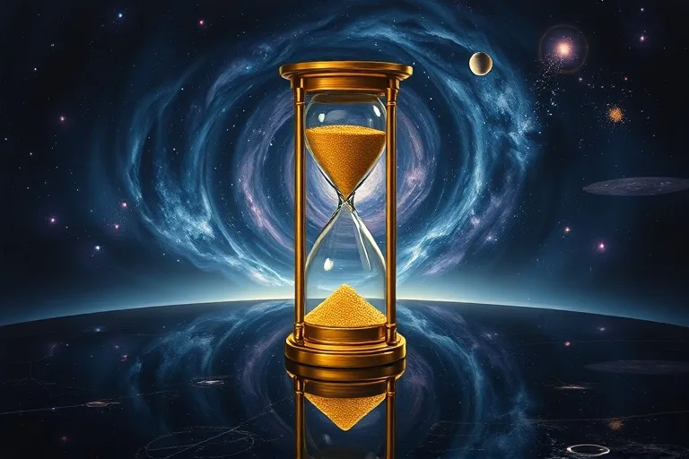 Oil painting of an hourglass with sand flowing, on a reflective surface, with distorted starry sky reflections, symbolizing time and introspection.