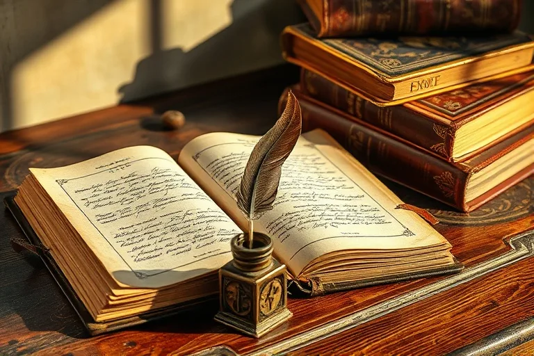 Old leather-bound journal, quill, and books on a desk, symbolizing dedicated learning