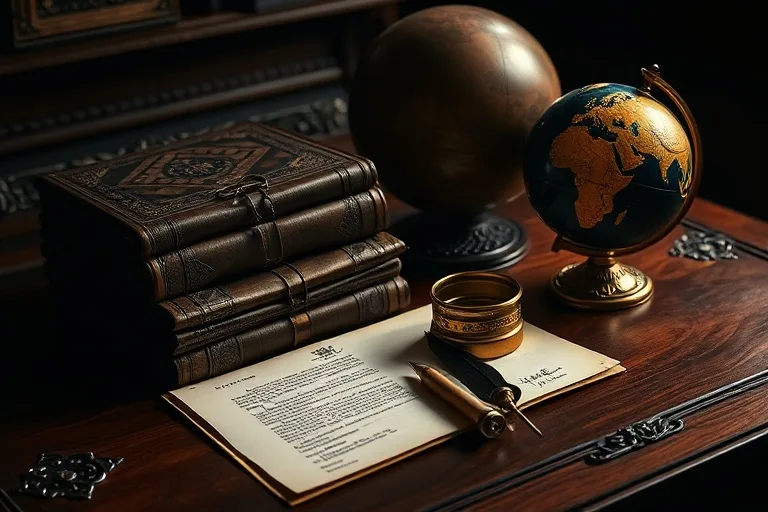 An antique mahogany desk with financial ledgers and brass compass, representing ambition