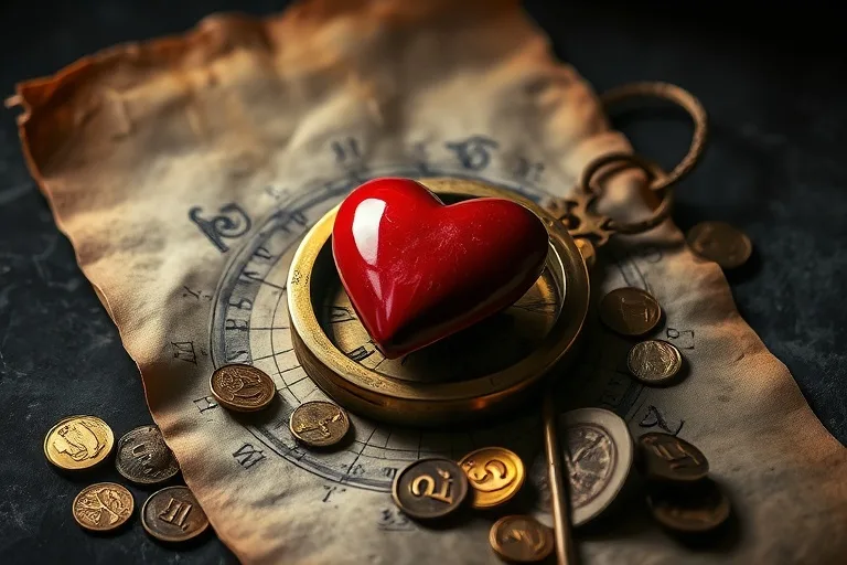 Antique compass pointing to a heart, surrounded by gold coins and parchment, symbolizing love and career choices.