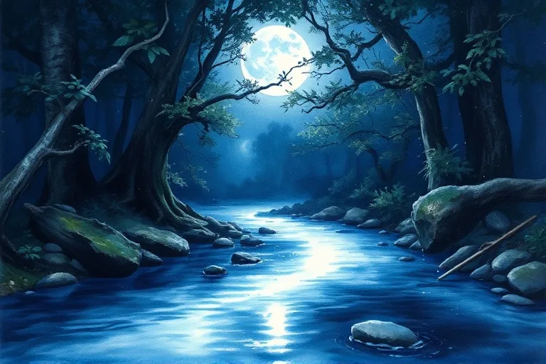 Watercolor painting of a serene river flowing through a dark forest under moonlight, symbolizing inner peace and rejuvenation.
