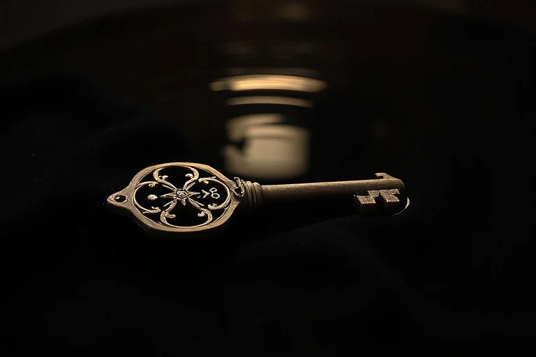 Cinematic still life photography of an ancient, tarnished silver key on a velvet cloth, partially submerged in dark, still water, with ripples distorting the reflection of a faint light. The image suggests hidden depths and secrets.