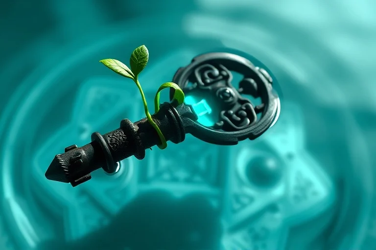 3D render of an ancient key partially submerged in clear water with symbolic elements of regeneration, representing Scorpio's transformative nature.