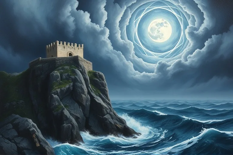 Oil painting of a solitary, ancient fortress on a rugged cliff overlooking a turbulent, moonlit sea, symbolizing Scorpio's unwavering resilience and power.