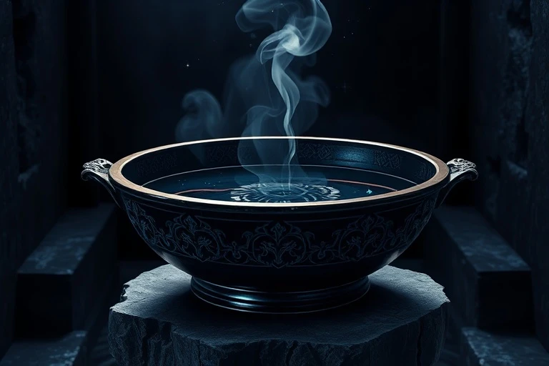 Digital 3D illustration of a glowing bowl of still water with ethereal smoke and distorted reflections