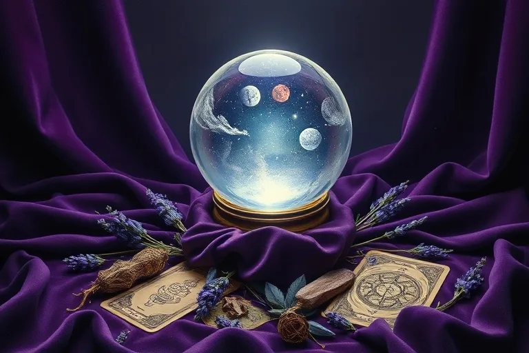 A still-life painting of a crystal ball on velvet, surrounded by dried herbs and tarot cards, under moonlight.