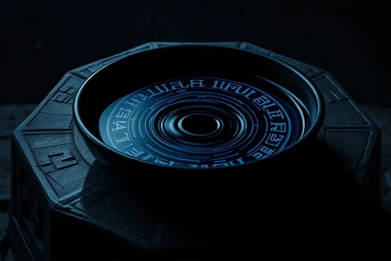 A digital illustration of abstract flowing water in a dark bowl, with subtle ripples and glowing runes on a stone altar.