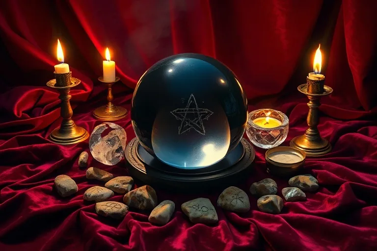Cinematic still life of ancient scrying tools on velvet, illuminated by candlelight