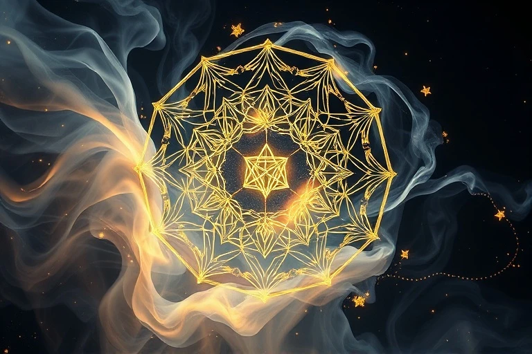 Digital 3D render of a glowing crystal lattice emerging from mist with geometric patterns