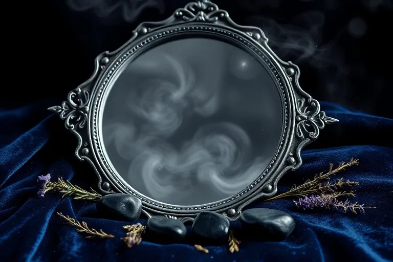 Vintage silver-backed mirror reflecting mist on velvet with dried herbs and obsidian stones.