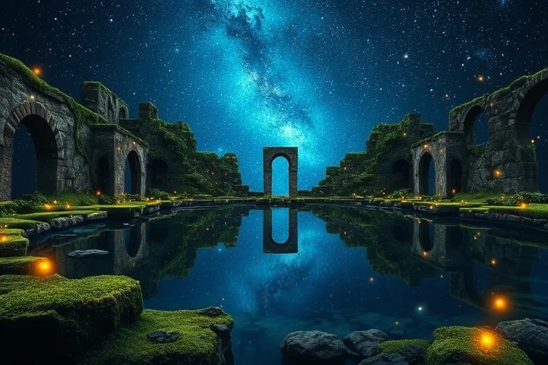 Digital illustration of a tranquil water pool reflecting a starry sky, surrounded by mossy ruins and fireflies.