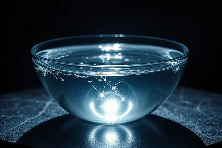 A stylized, clear crystal bowl filled with shimmering, translucent water, with subtle ripples forming abstract, symbolic shapes. The bowl rests on a smooth, dark stone surface, illuminated by a soft, otherworldly glow.