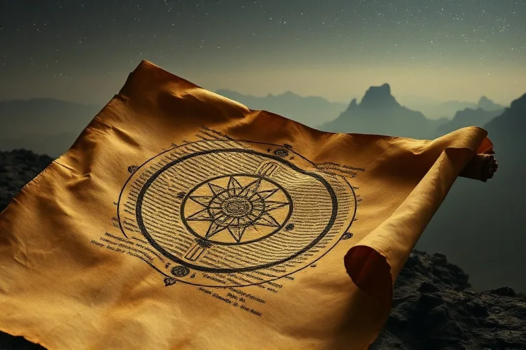 An ancient, weathered scroll unfurling to reveal intricate, symbolic glyphs and patterns, partially obscured by a delicate, translucent veil. The background features muted, earthy tones and a hint of distant, mystical landscapes.