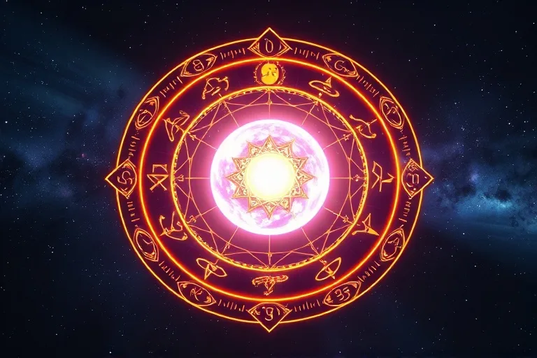 Digital 3D illustration of a glowing orb representing a soul within an astrological sphere