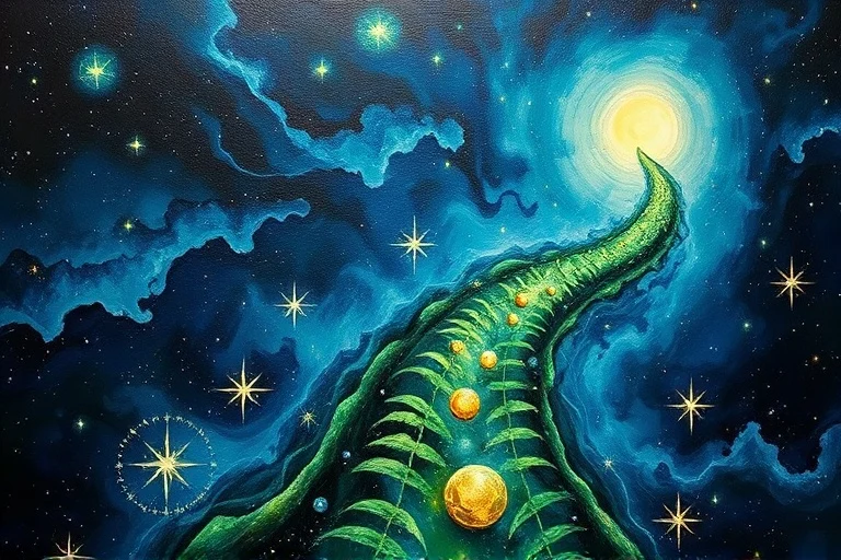 Abstract oil painting of a winding path with subtle growth symbols, representing life's journey