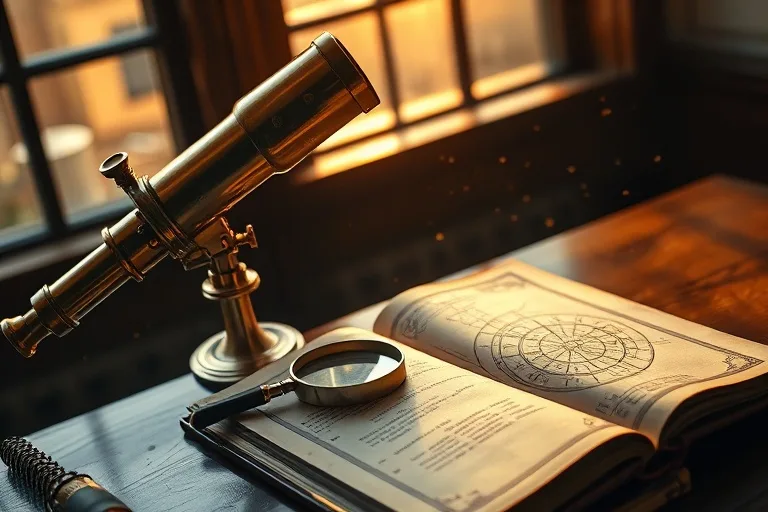 An antique brass telescope pointing towards a detailed celestial sphere, next to it an open, leather-bound astrological ephemeris with a magnifying glass, soft, warm light filtering from a window, dusty, scholarly atmosphere.